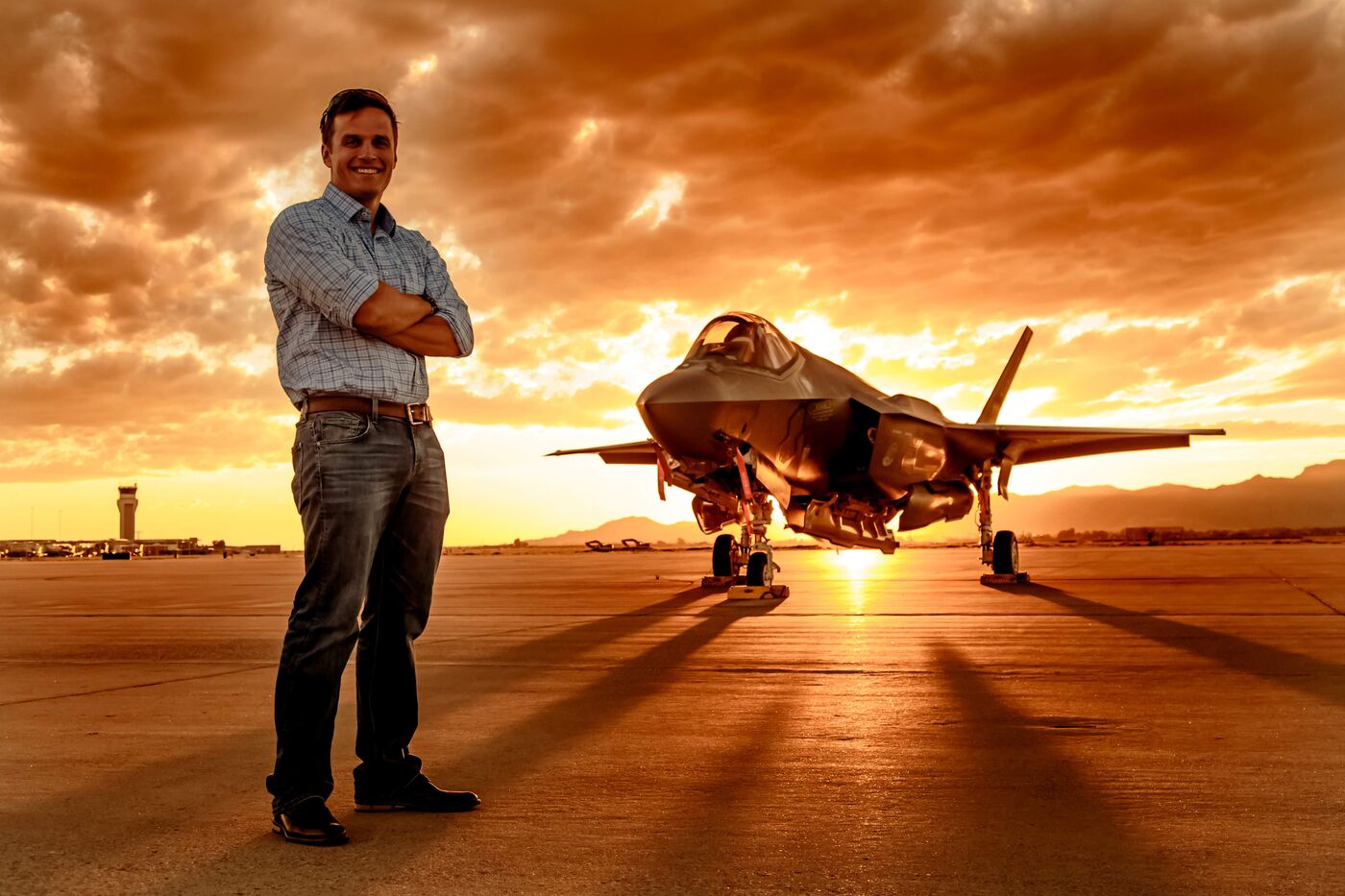 Pete on the tarmac at sunset